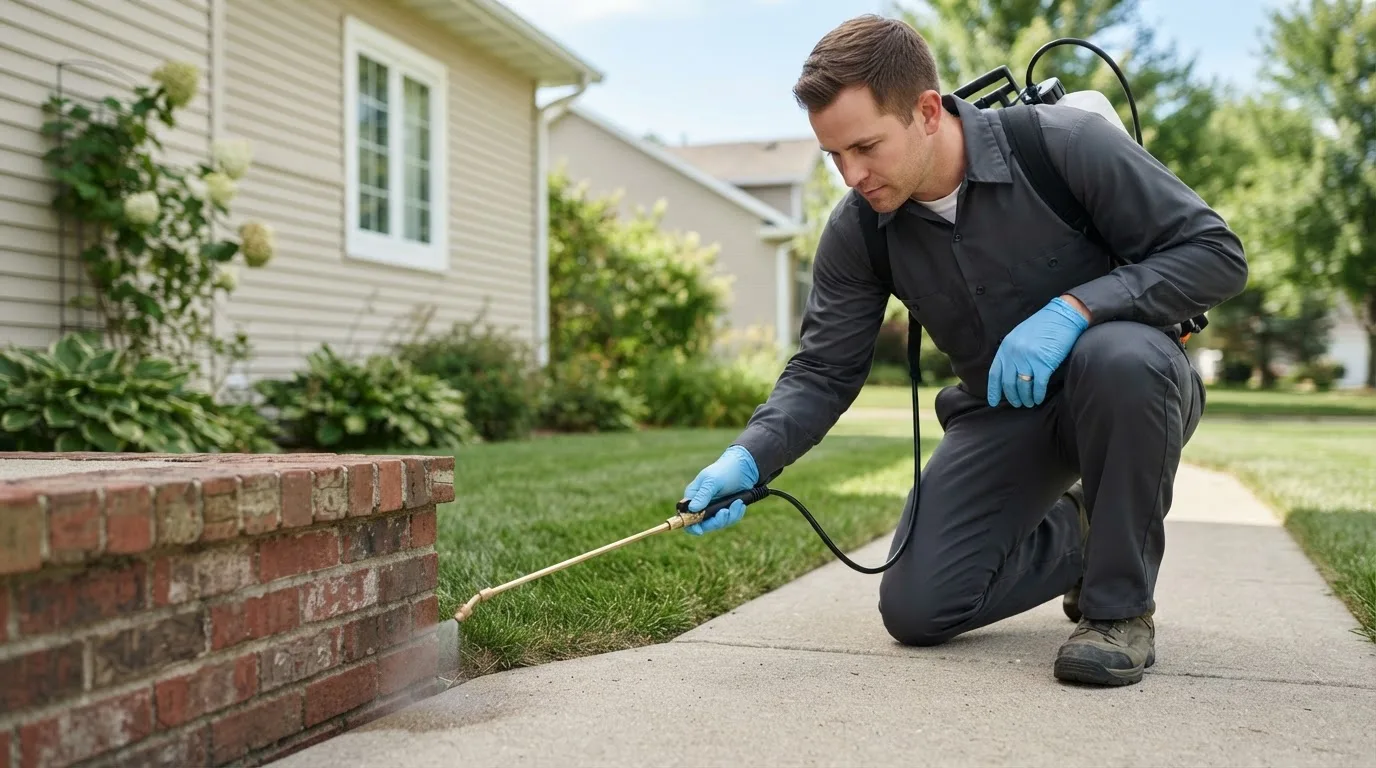 Pest control technician treating a home near Leesville, TX