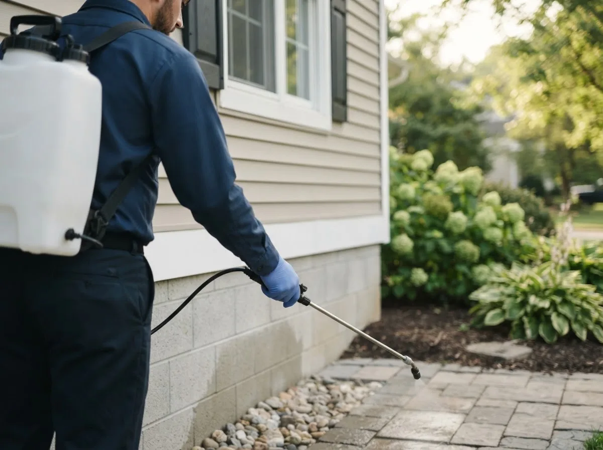 Pest control technician inspecting a home in Leesville, TX